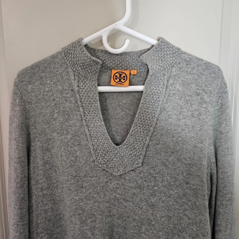 Tory Burch Womens Gray 100% Cashmere Split V-Neck Tunic Sweater Size L
